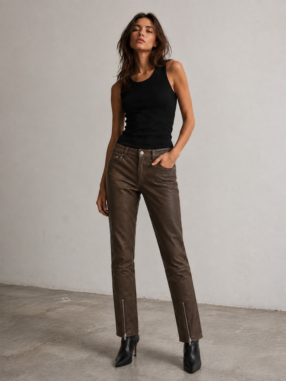 Helmut Lang Brown Straight-Leg Leather Jeans with Ankle Zippers